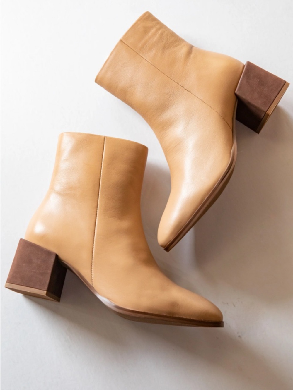 Leather Block Heel Ankle Boots - Tan